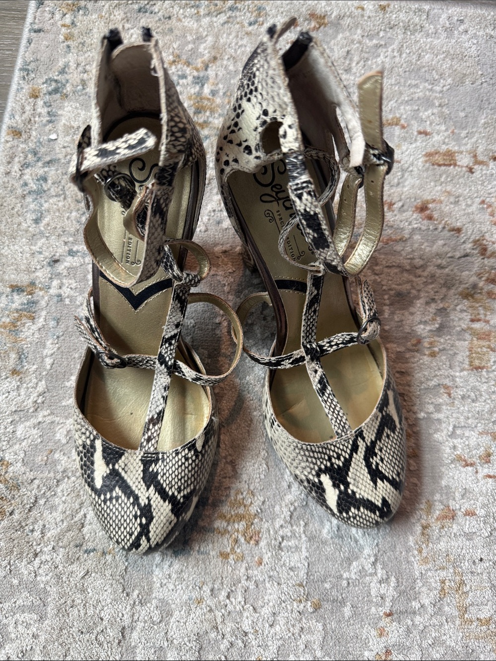 Seychelles Snake-Print Strappy Heels in Cream and Black